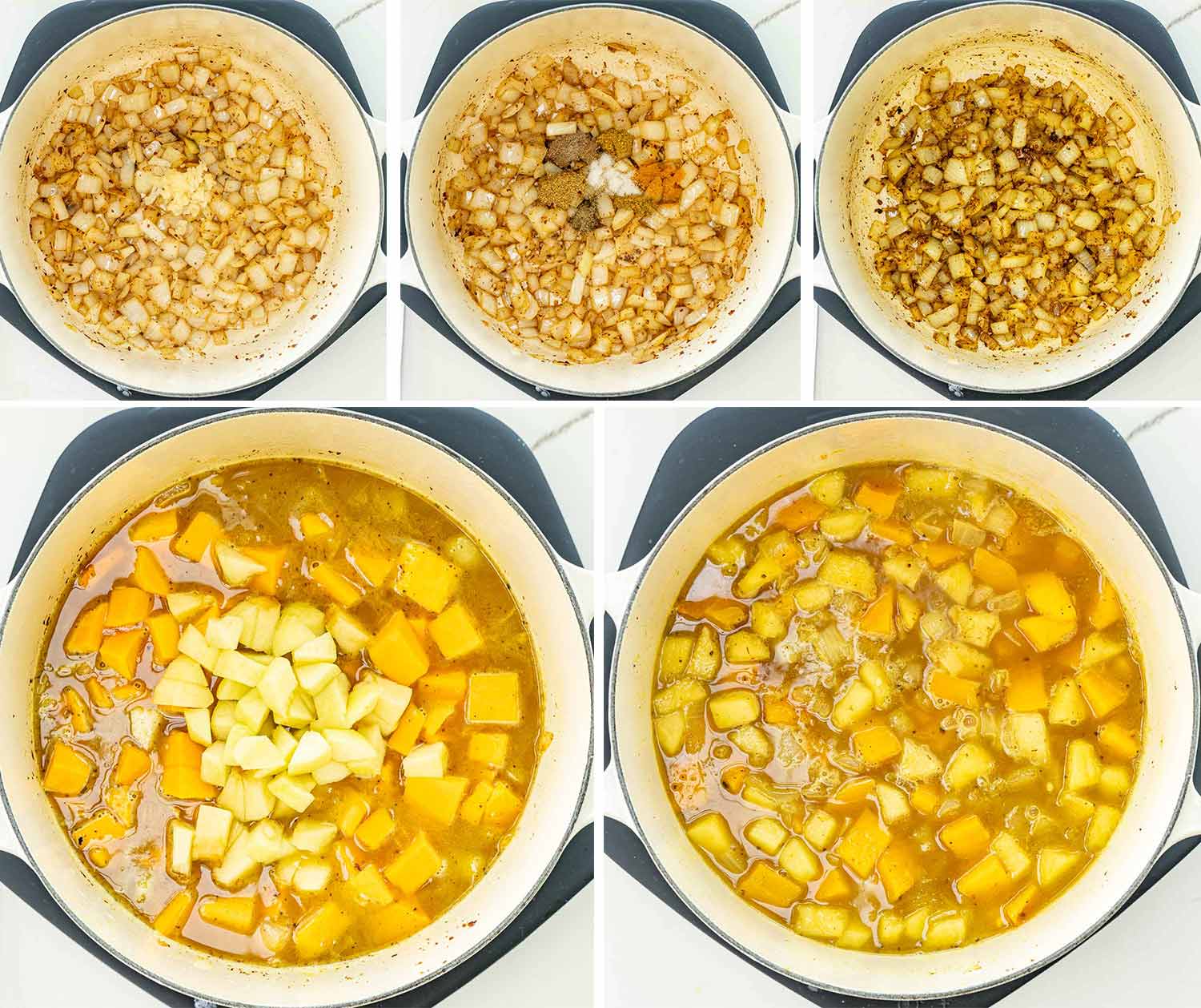 process shots showing how to make butternut squash soup.