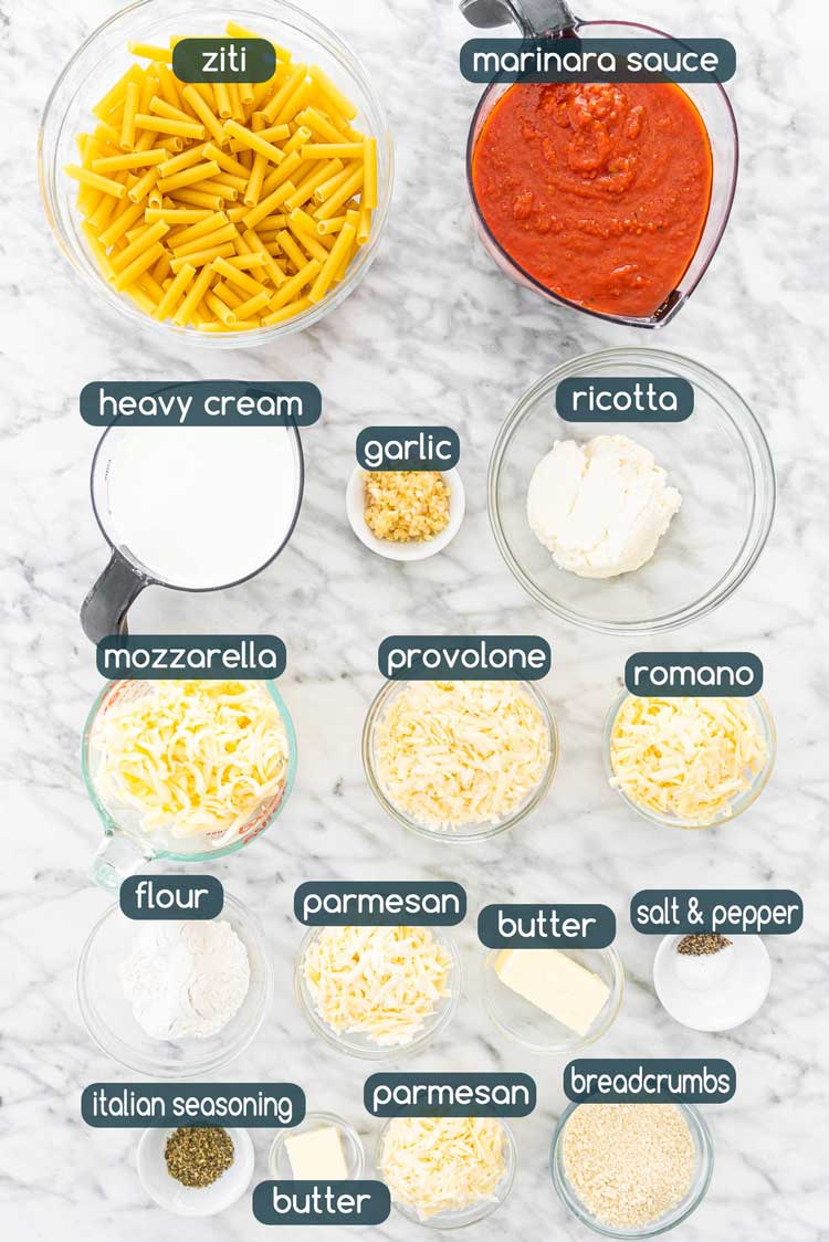 overhead shot of all the ingredients needed to make five cheese ziti al forno