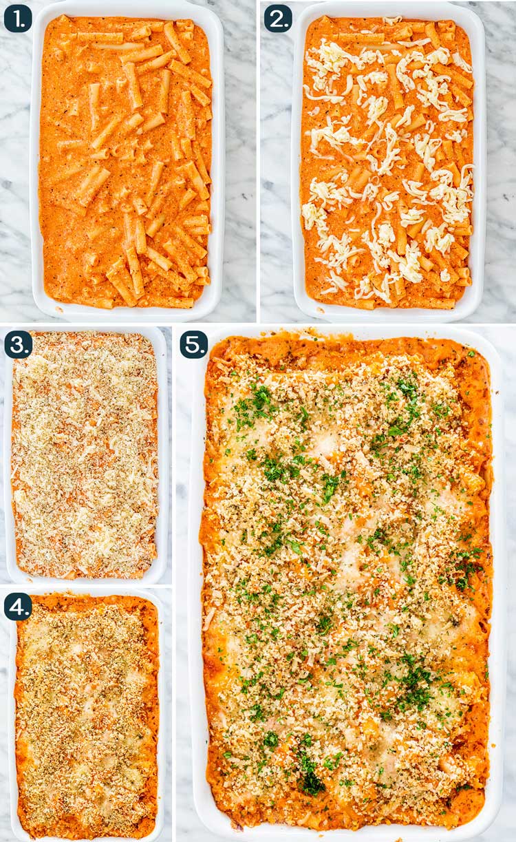 process shots showing how to assemble five cheese ziti al forno and bake it