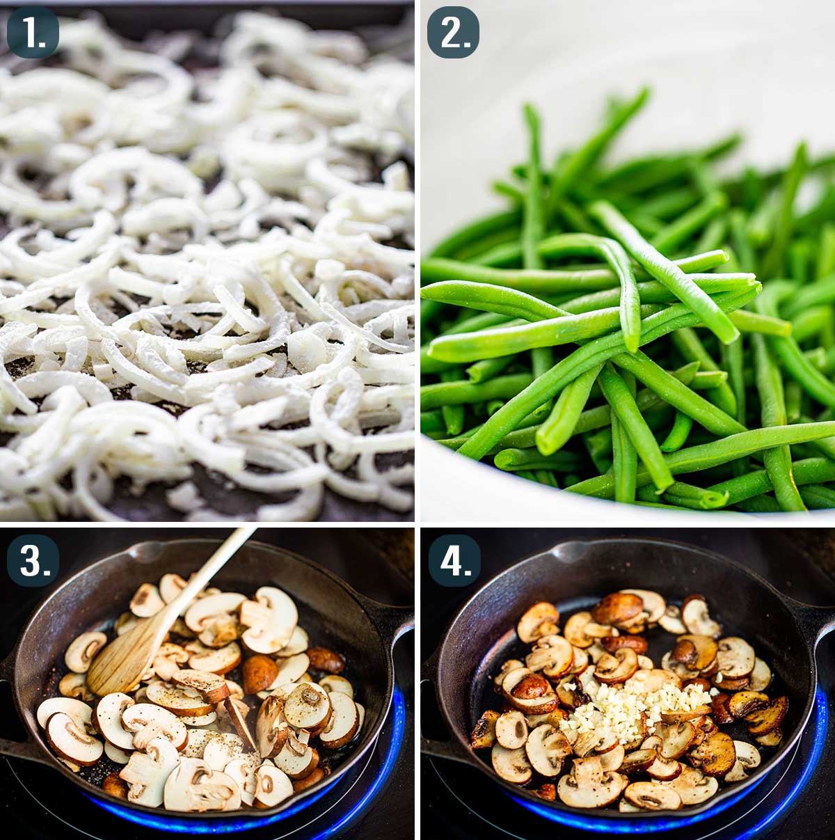 process shots showing how to make green bean casserole.
