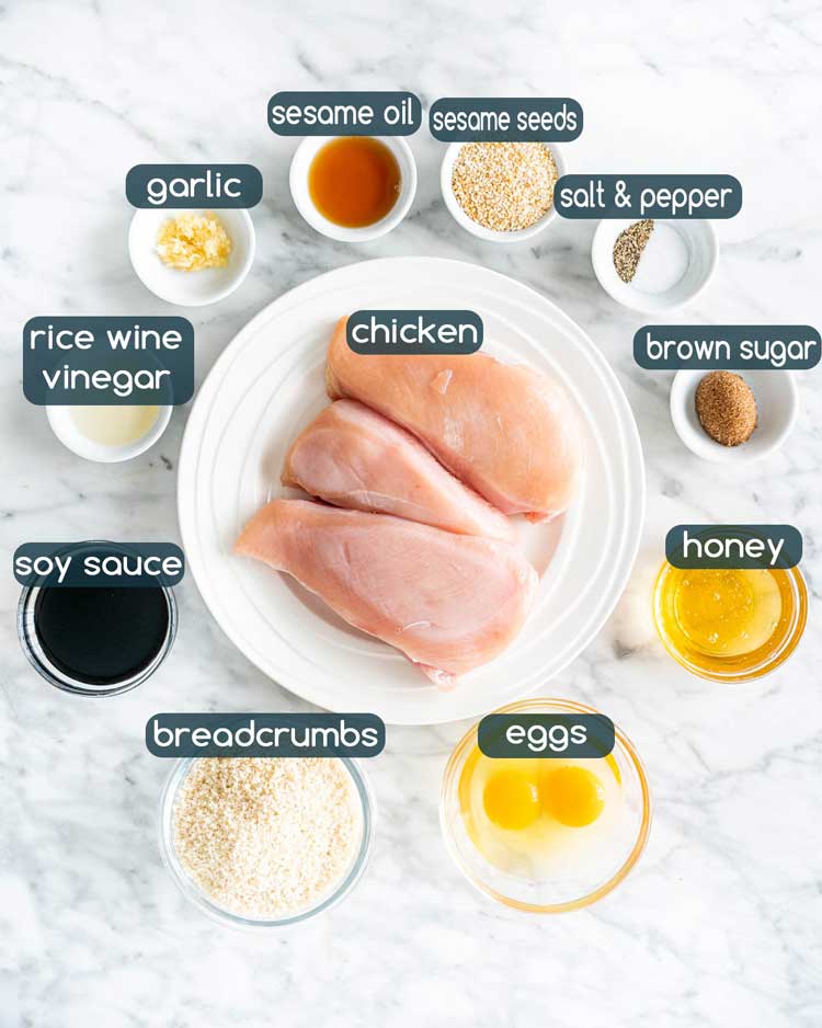 overhead shot of all the ingredients needed to make Honey Sesame Chicken