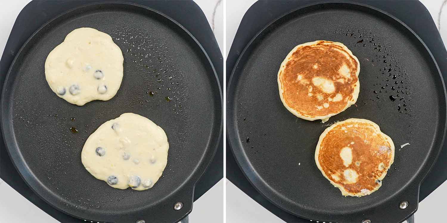 process shots showing how to make lemon blueberry ricotta pancakes.