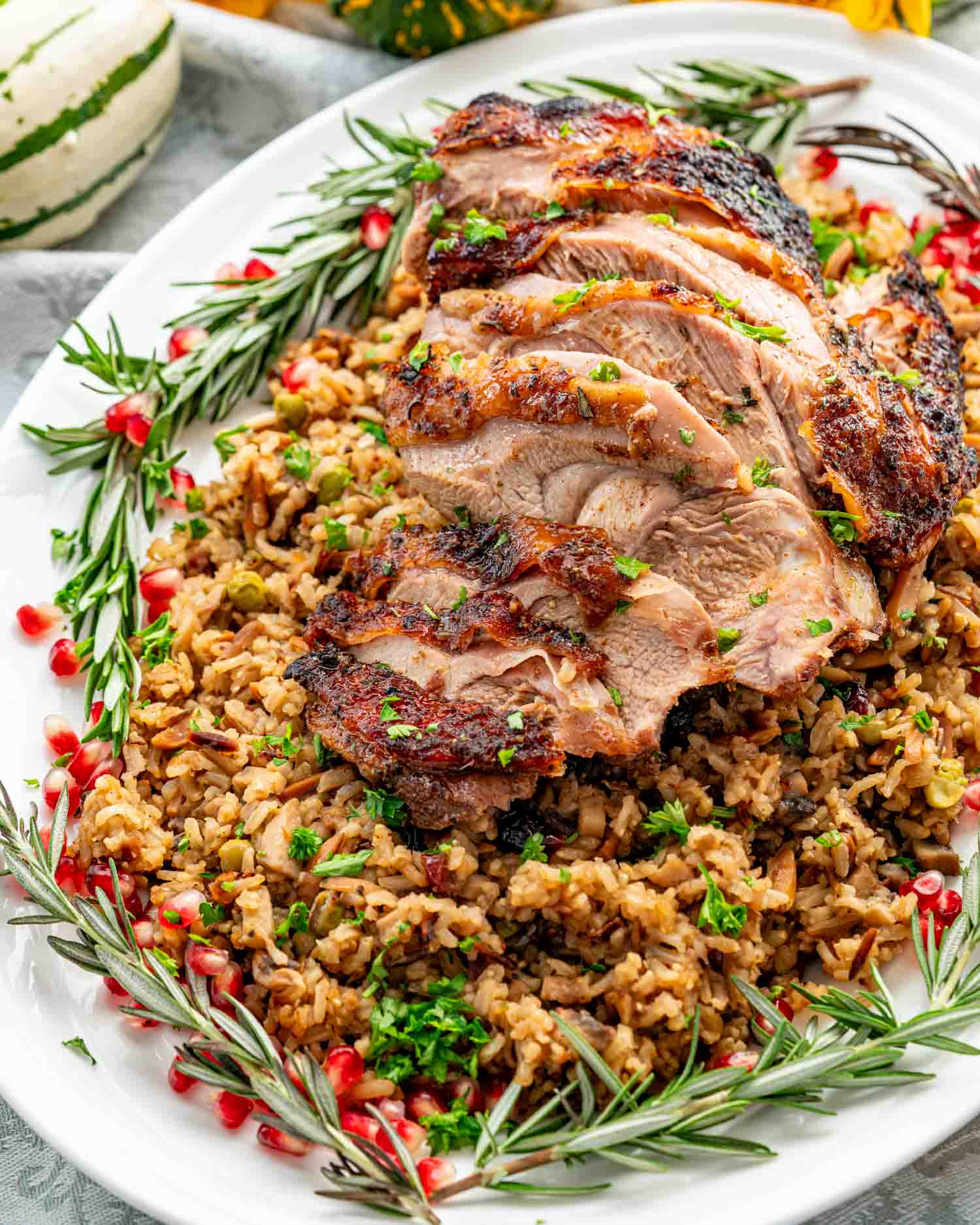 maple mustard roasted turkey thighs over a bed of harvest rice.
