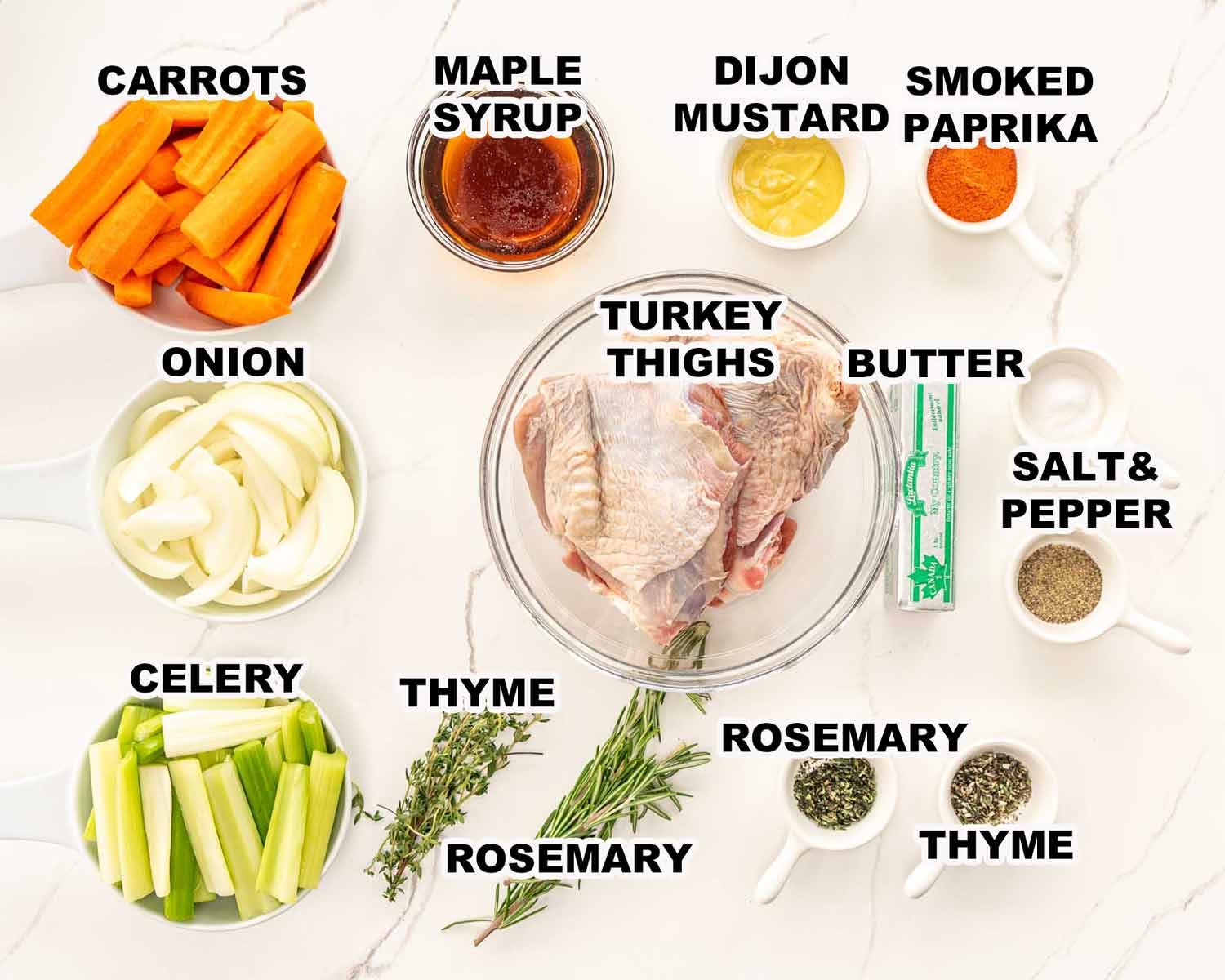 ingredients needed to make maple mustard roasted turkey thighs.