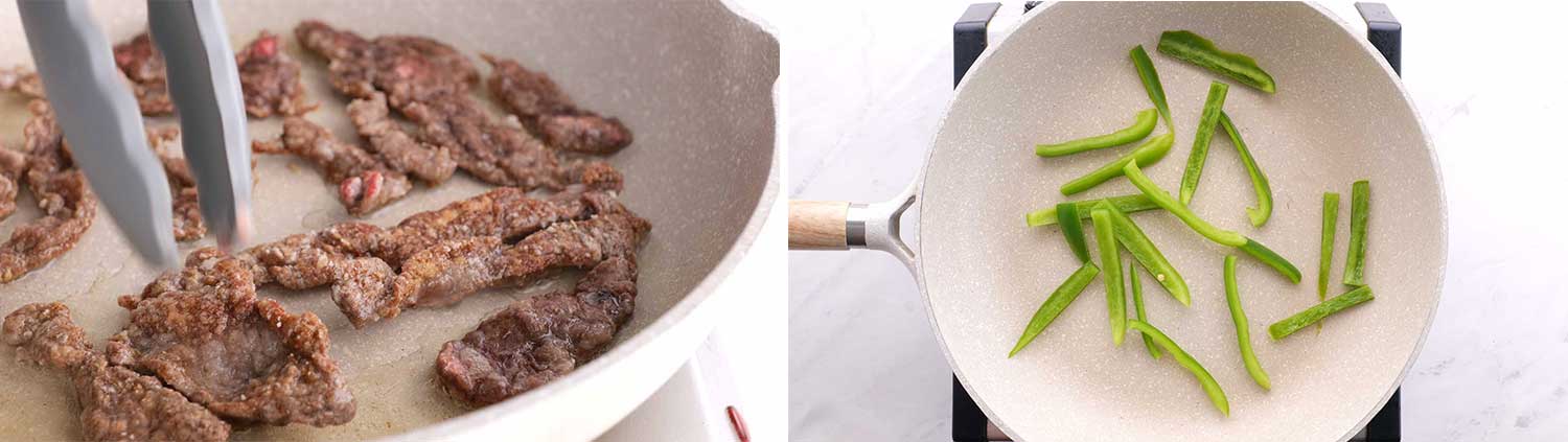 process shots showing how to make mongolian beef noodles.