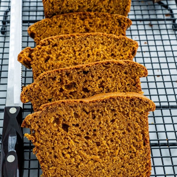 slices of pumpkin bread on a cooling rack