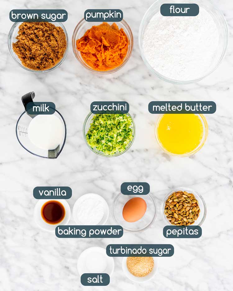 overhead shot of ingredients needed to make Pumpkin Zucchini Muffins