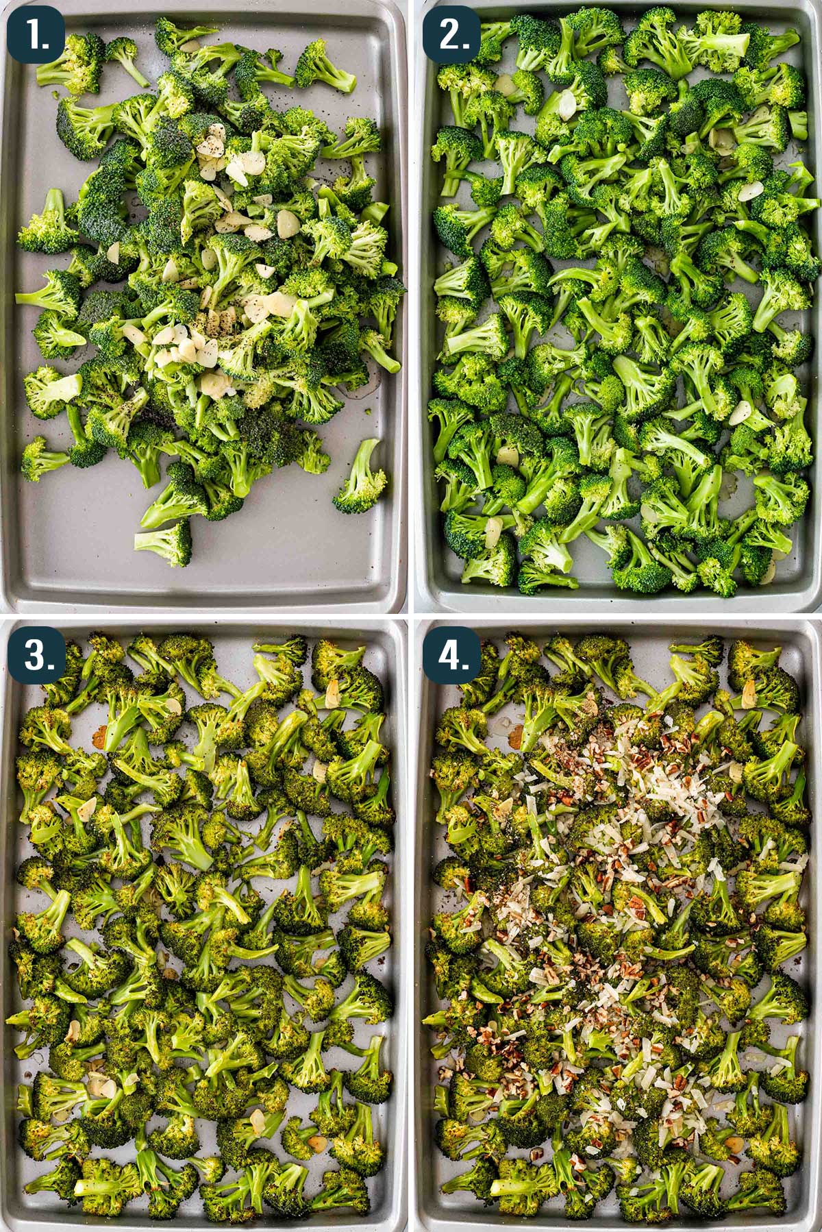 detailed process shots showing how to make roasted broccoli.
