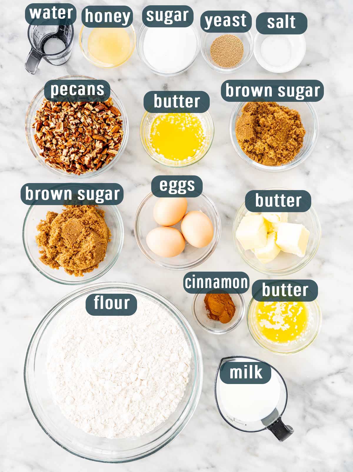 overhead shot of all the ingredients needed to make sticky buns.