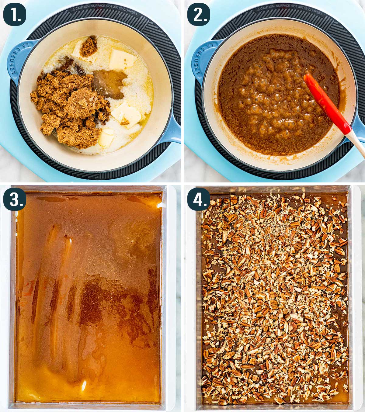 process shots showing how to make the sticky topping for sticky buns.