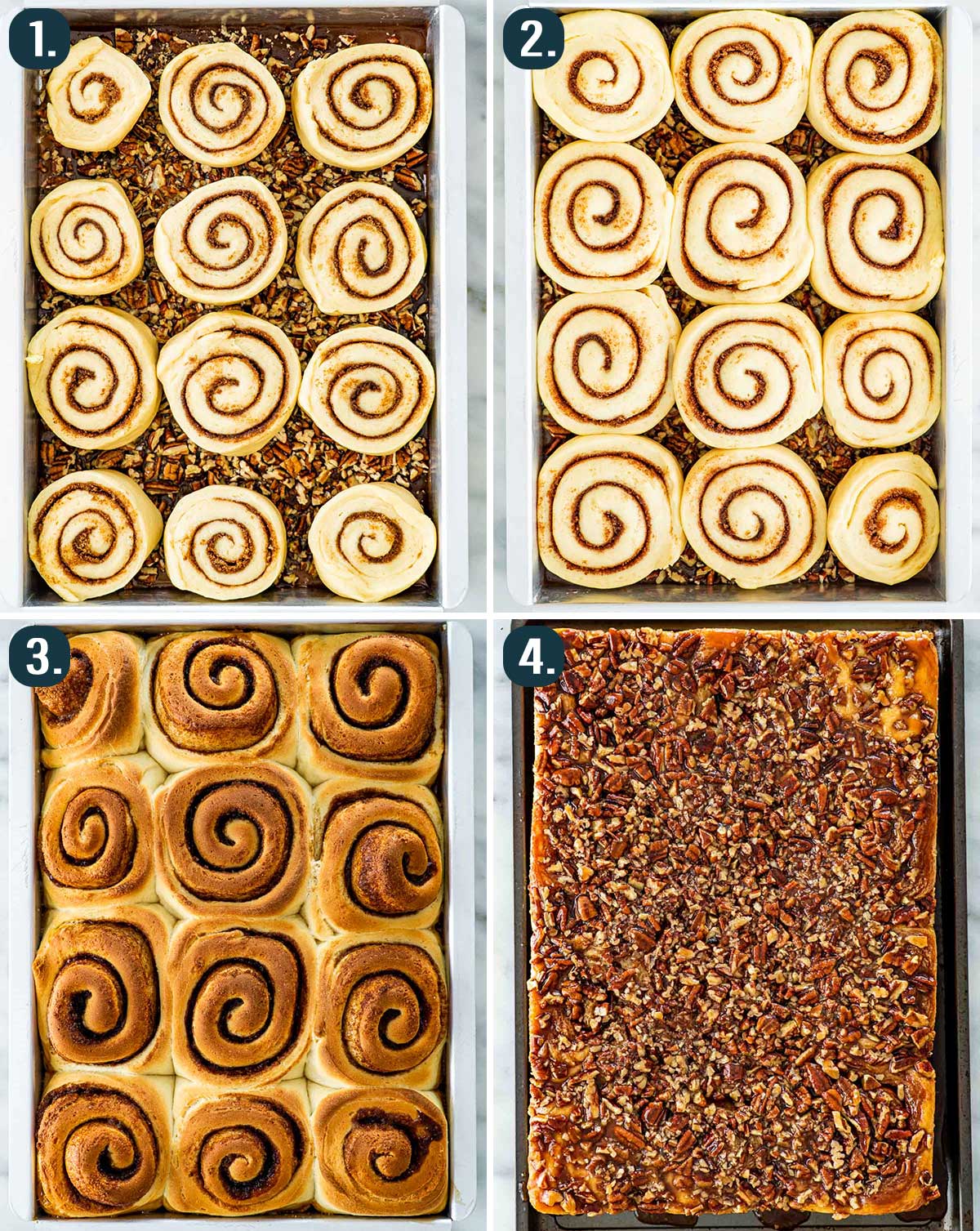 process shots showing sticky buns how to rise, bake and invert over.
