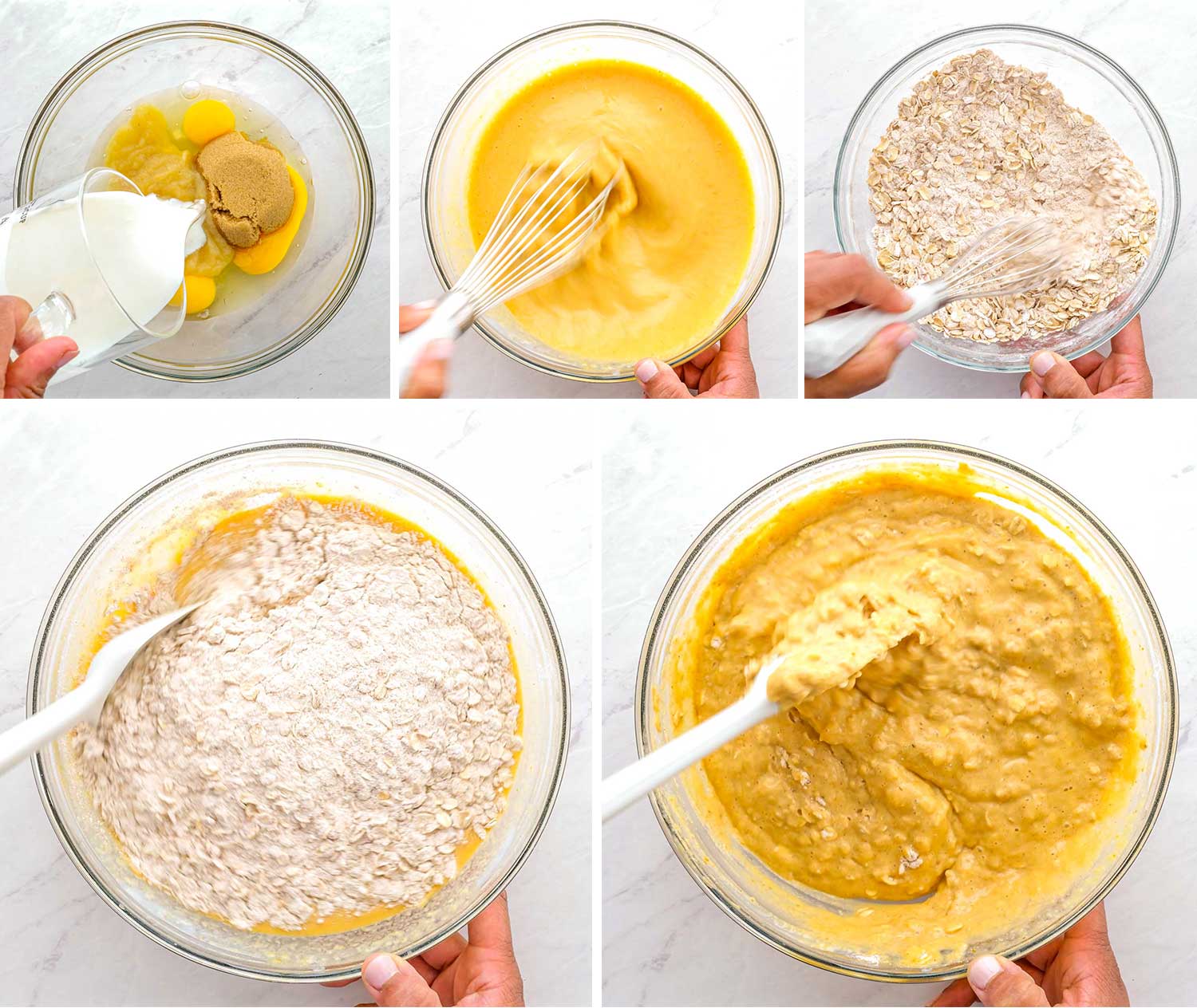 process shots showing how to make whole wheat pumpkin pancakes.
