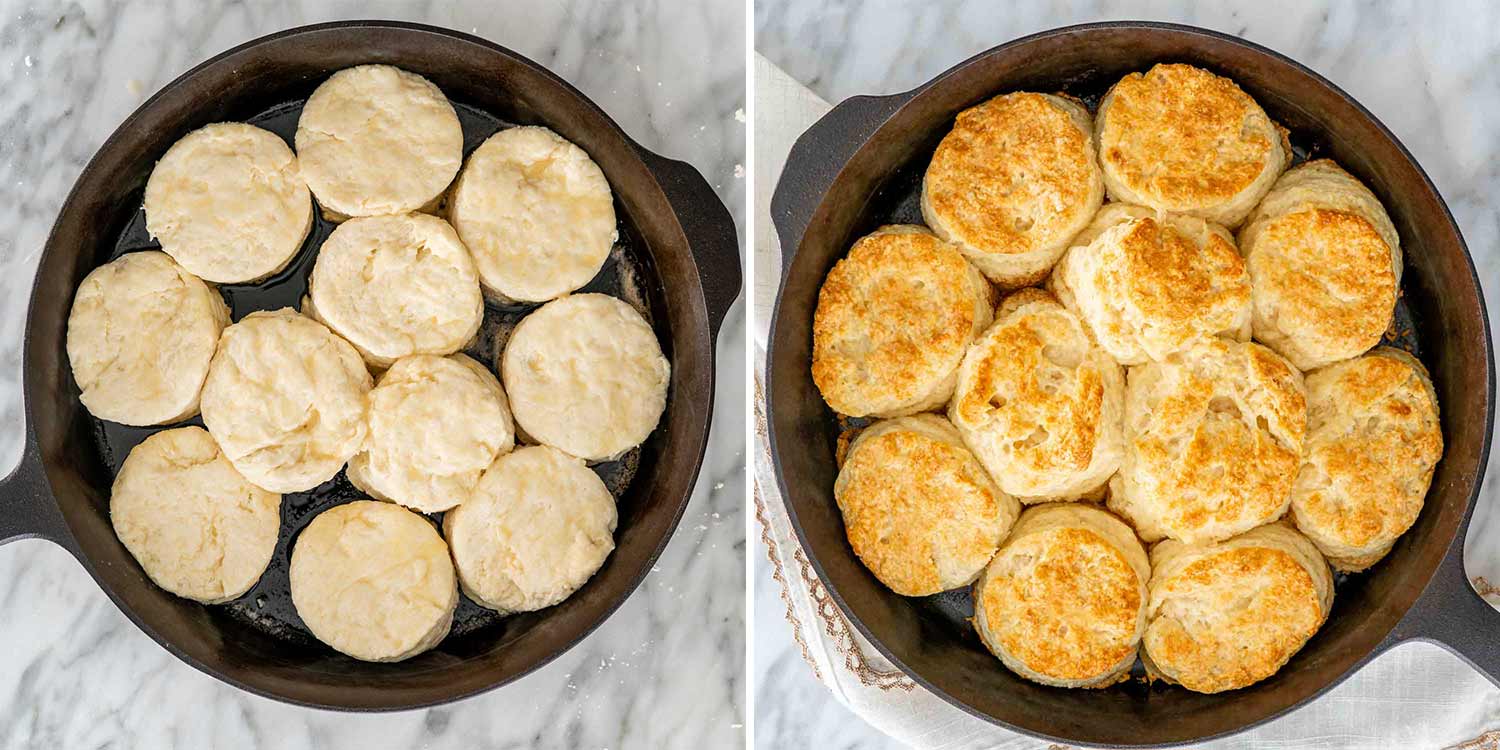 process shots showing how to make buttermilk biscuits.