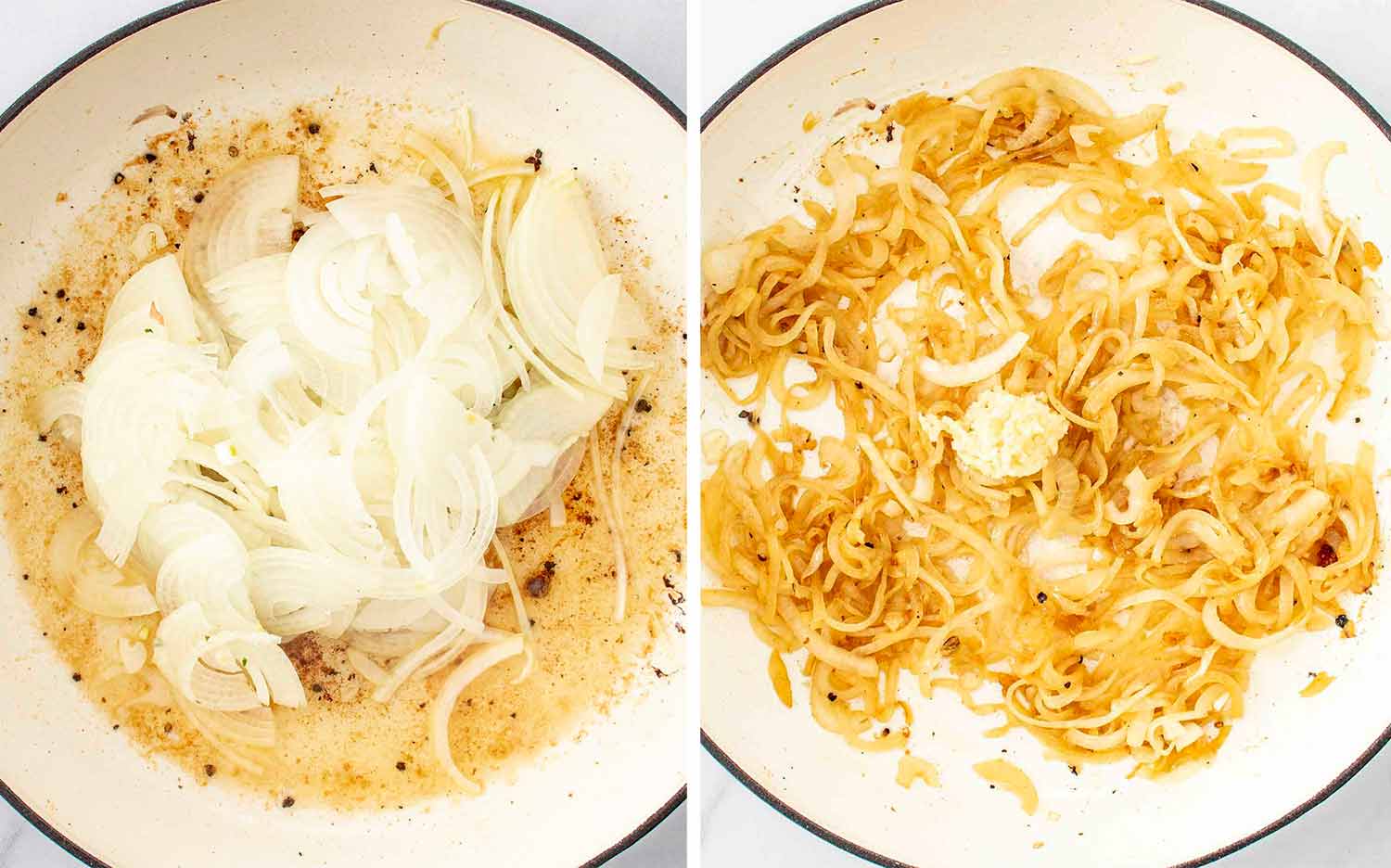 process shots showing how to make chicken paprikash.