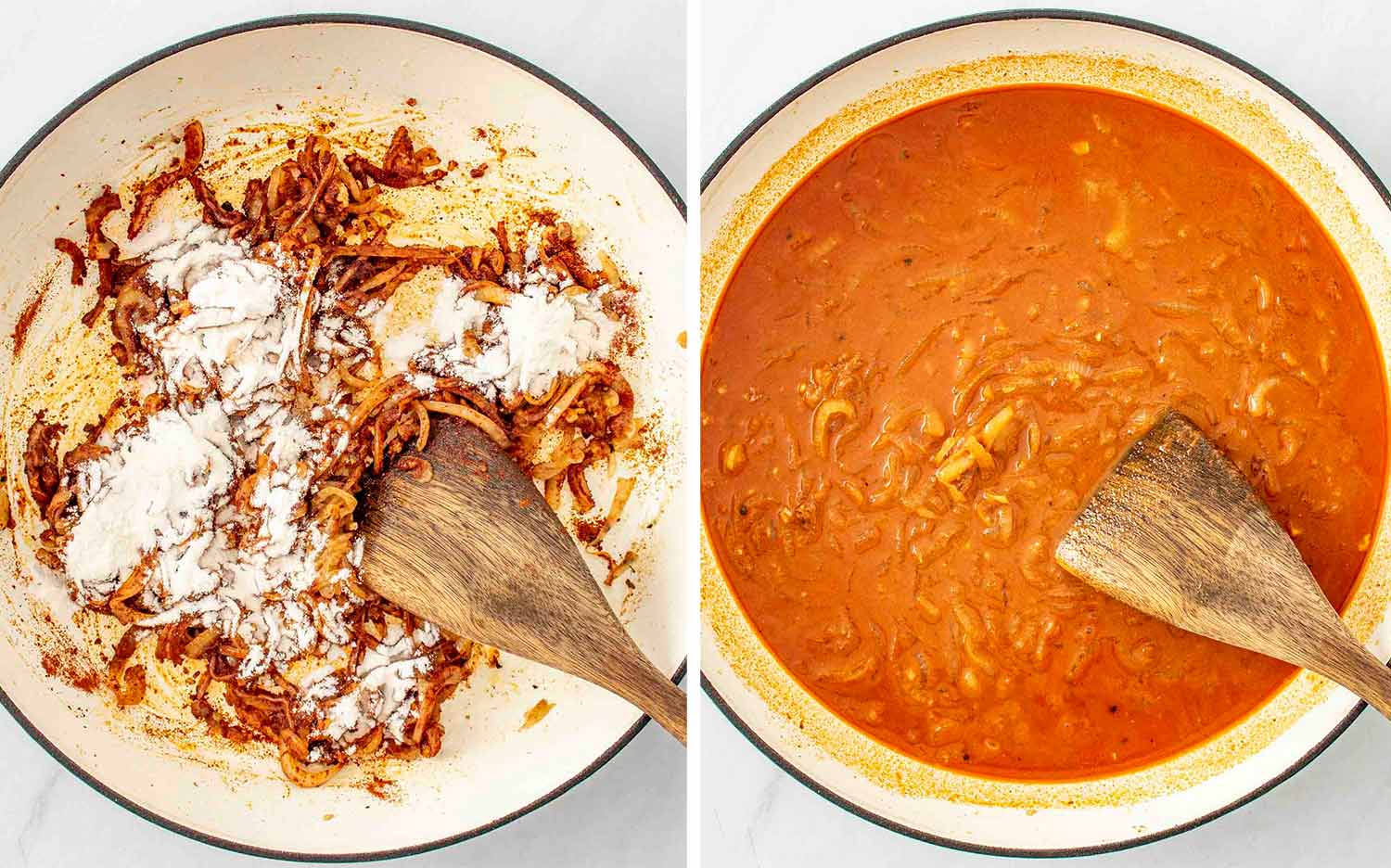 process shots showing how to make chicken paprikash.