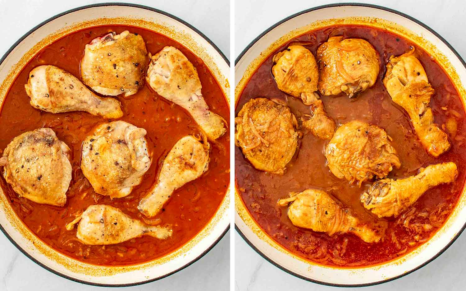 process shots showing how to make chicken paprikash.