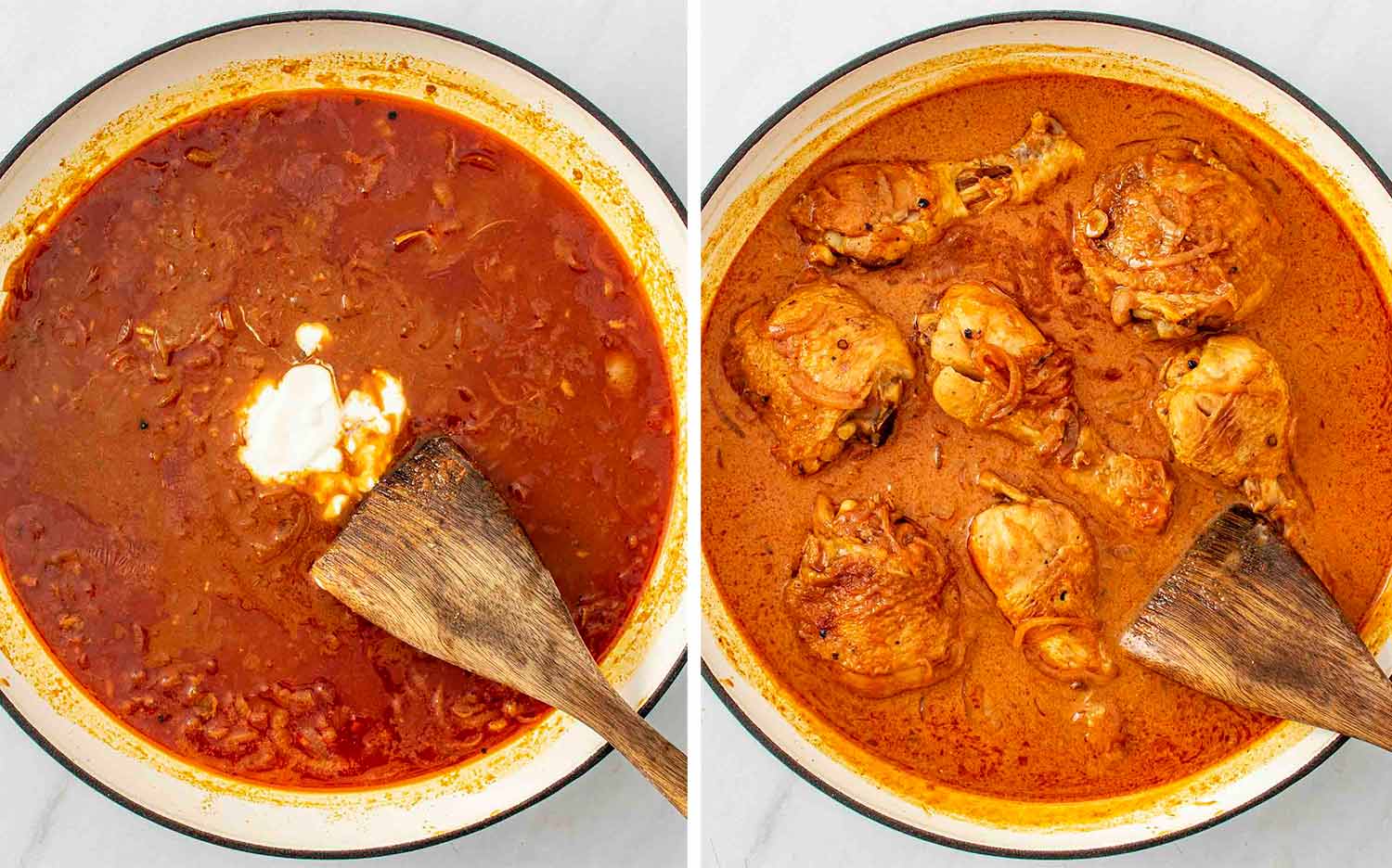 process shots showing how to make chicken paprikash.