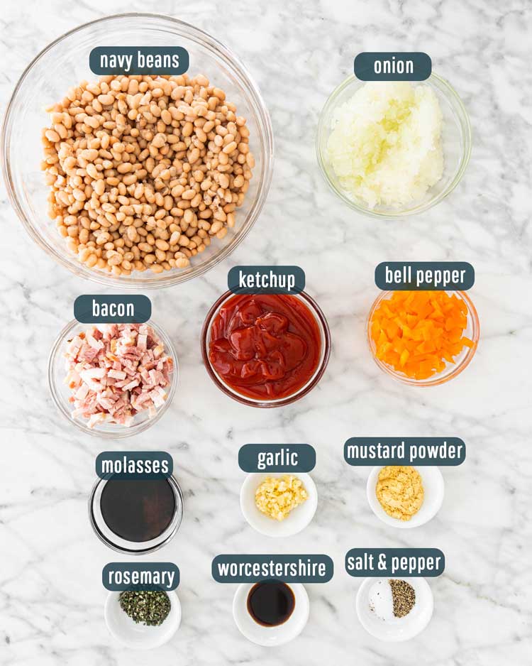 overhead shot of ingredients needed to make baked beans in the instant pot
