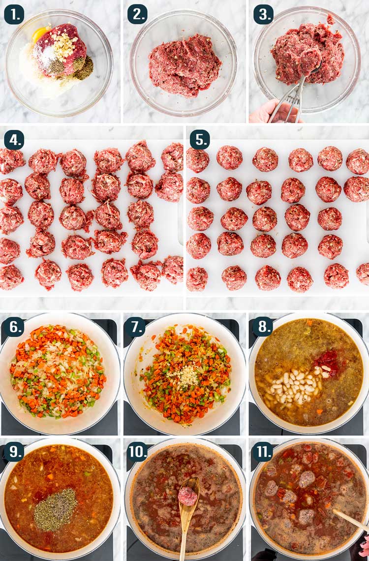 process shots showing how to make italian meatball soup