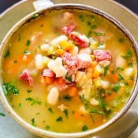 delicious leftover ham and bean soup in a bowl.