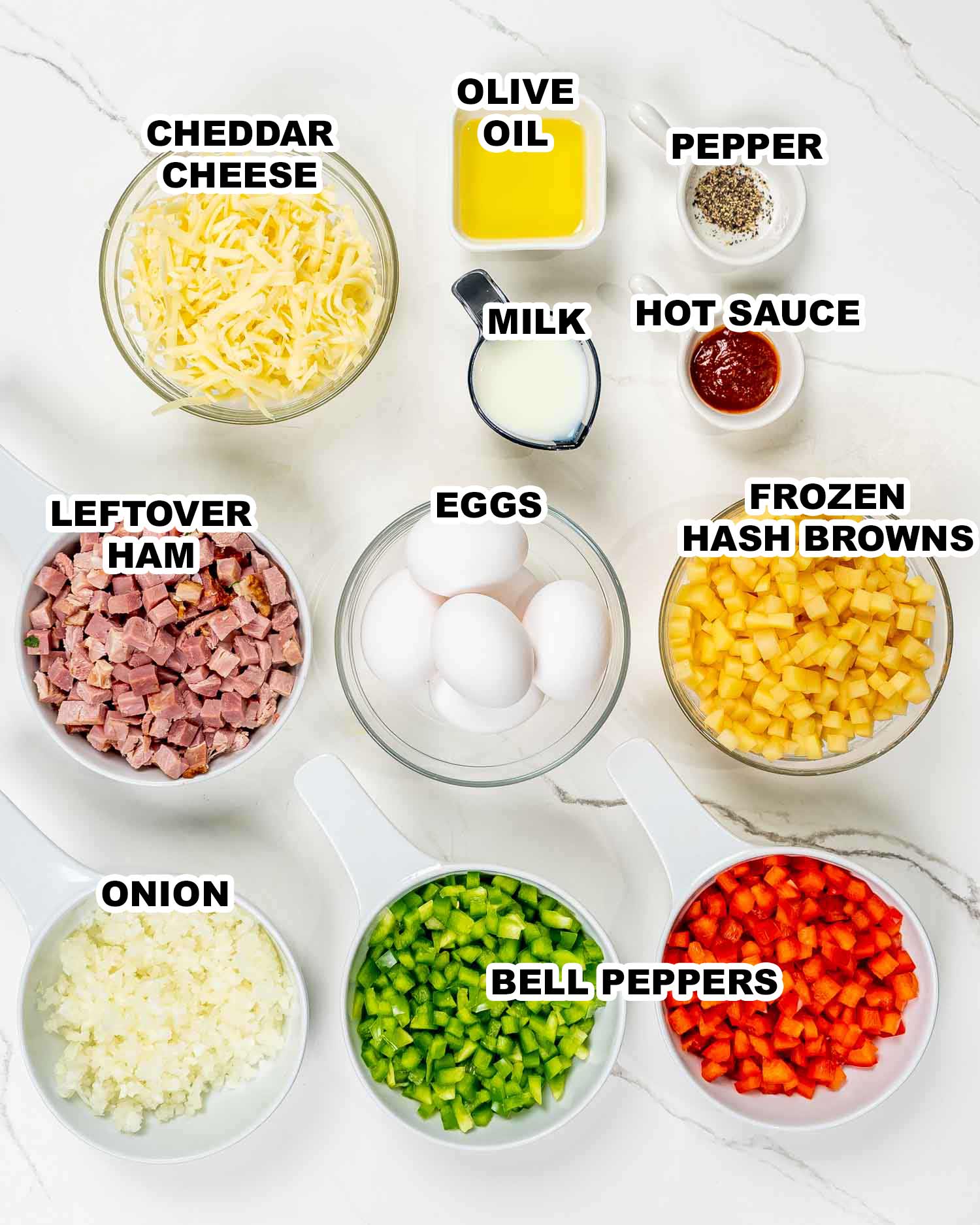 ingredients needed to make leftover ham and cheese breakfast muffins.