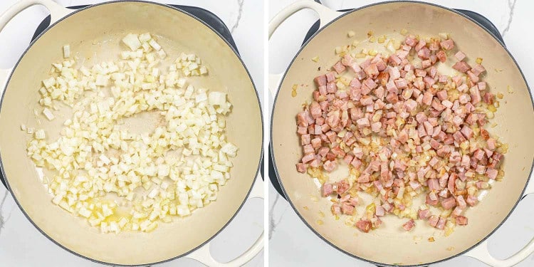 process shots showing how to make leftover ham and cheese penne.