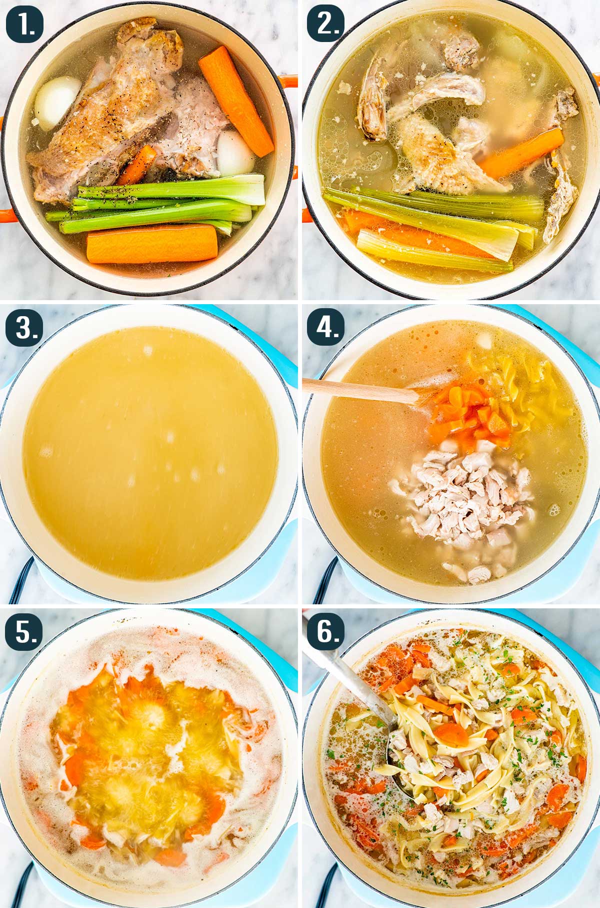detailed process shots showing how to make leftover turkey noodle soup.
