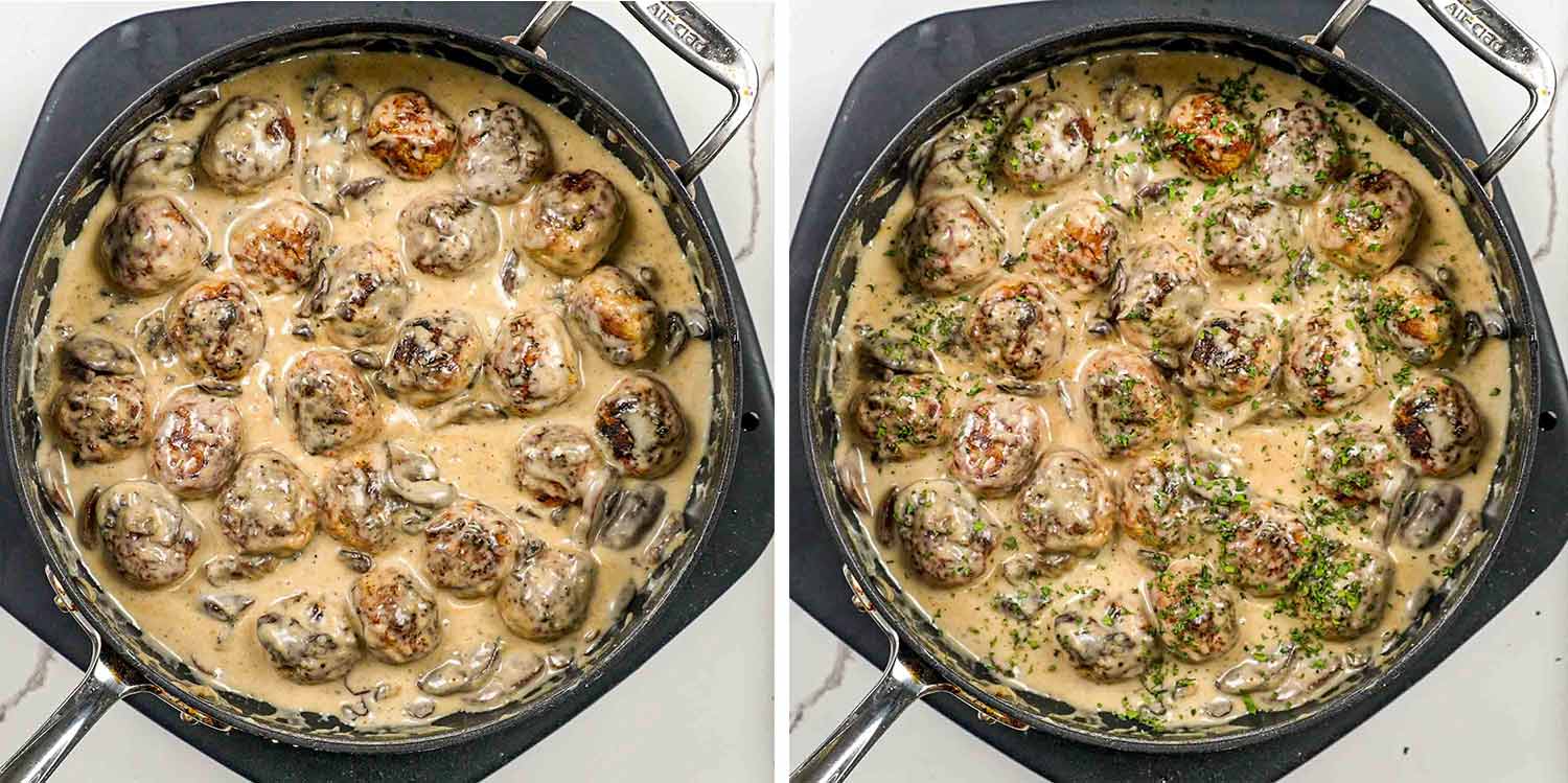 process shots showing how to make meatballs with mushroom gravy.