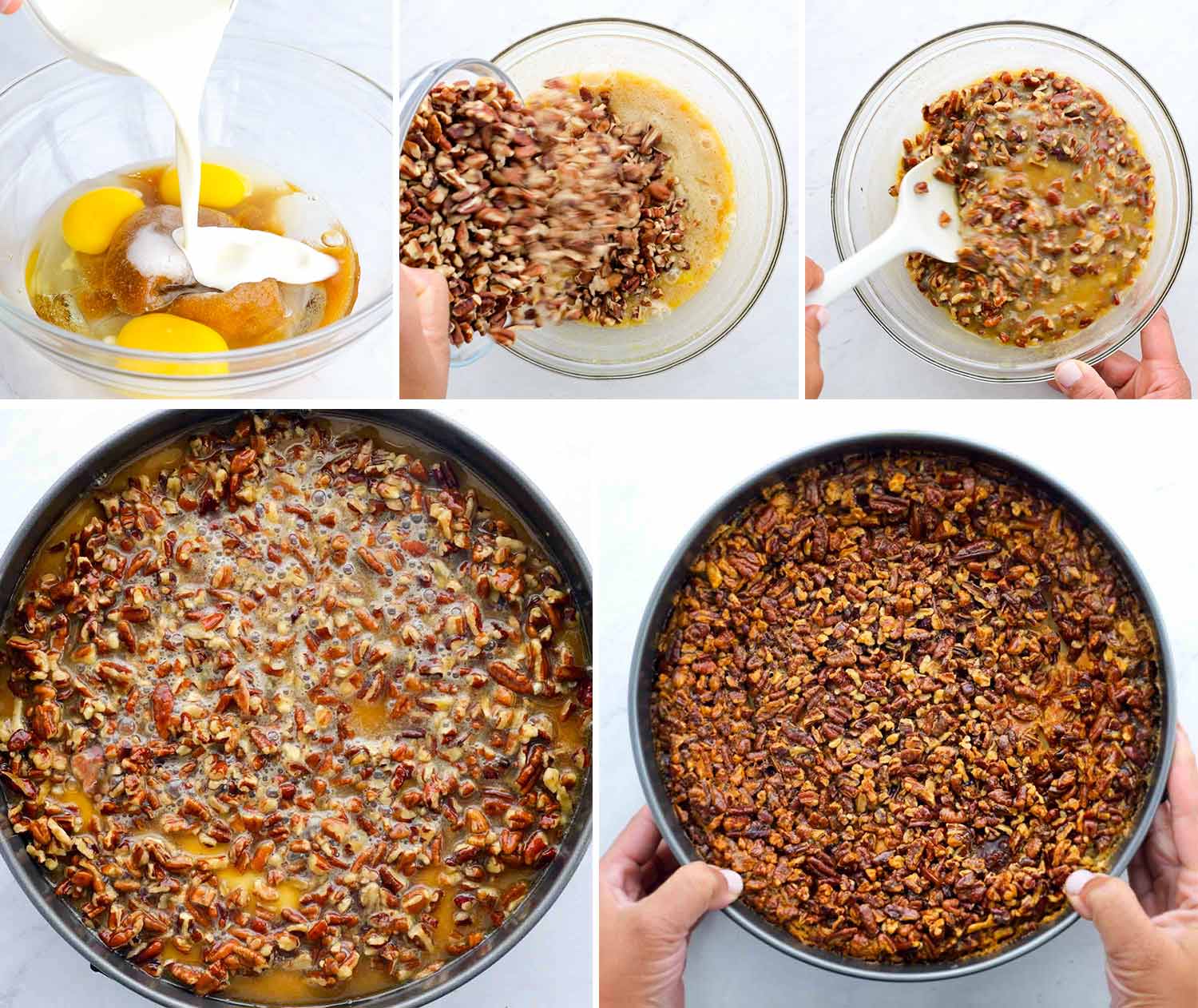 process shots showing how to make pecan pie cheesecake.