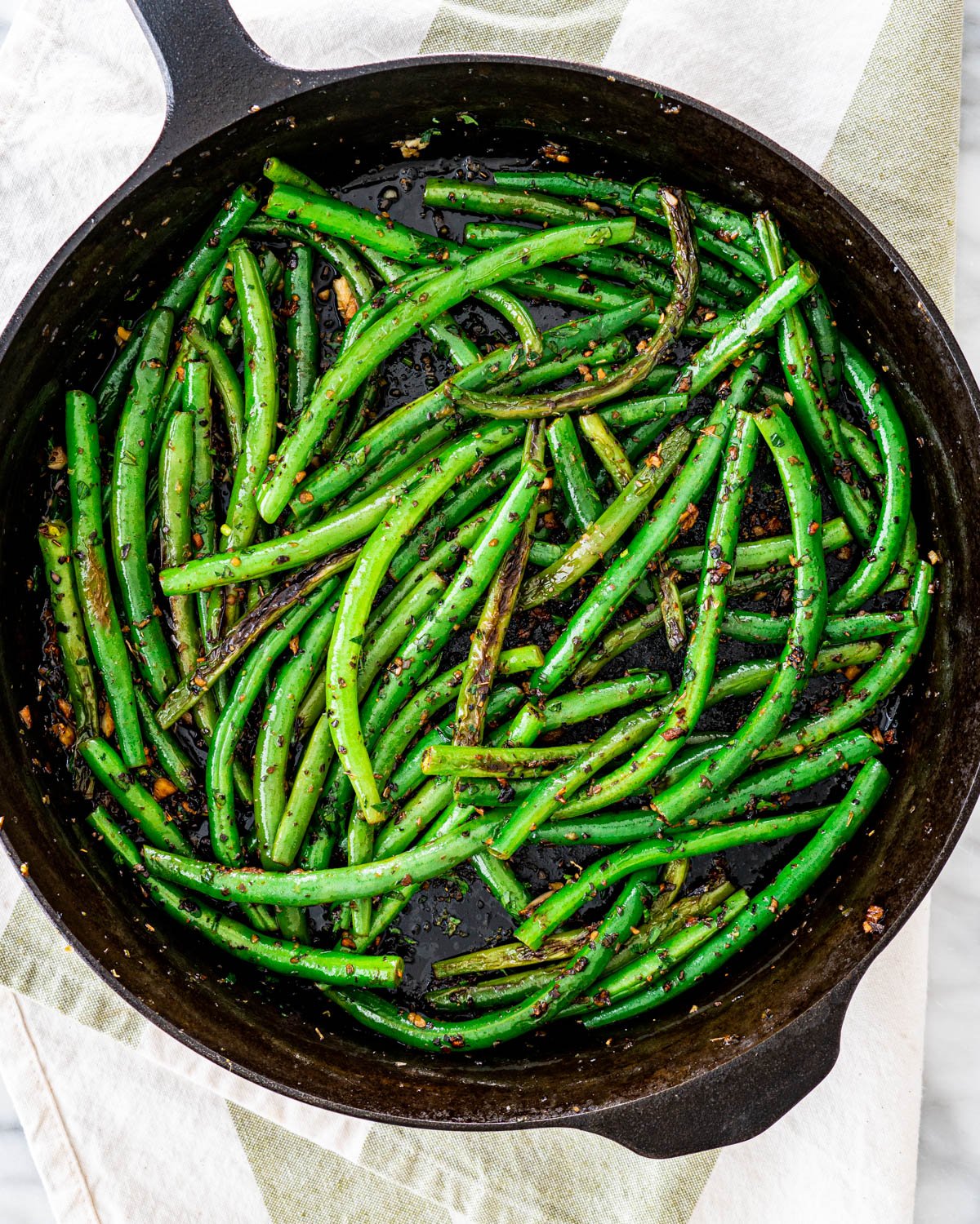 overhead shot of green beans in a skillet