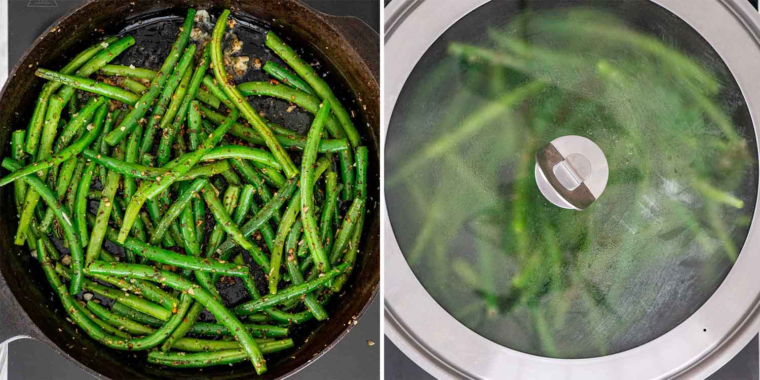 process shots showing how to make skillet green beans.