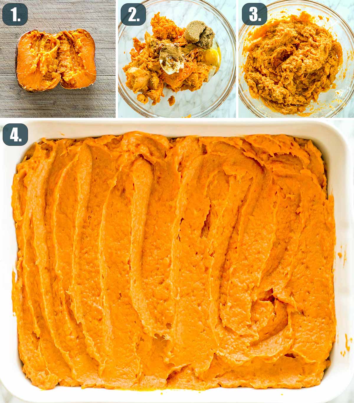 process shots showing how to make the sweet potato filling for casserole.