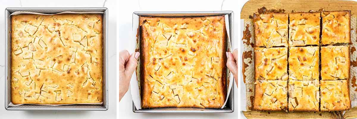 process shots showing how to lift up the apple pie cheesecake and cut it into squares.