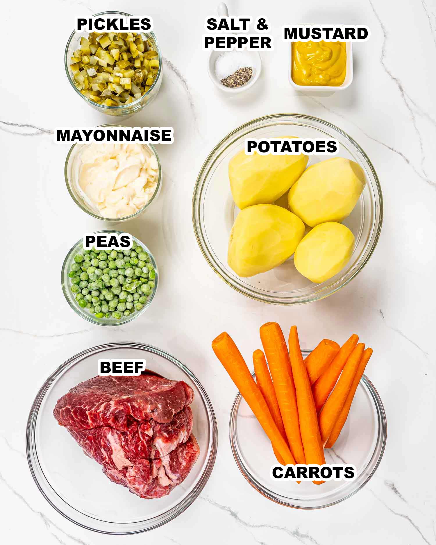 ingredients needed to make beef salad (salata de beouf).