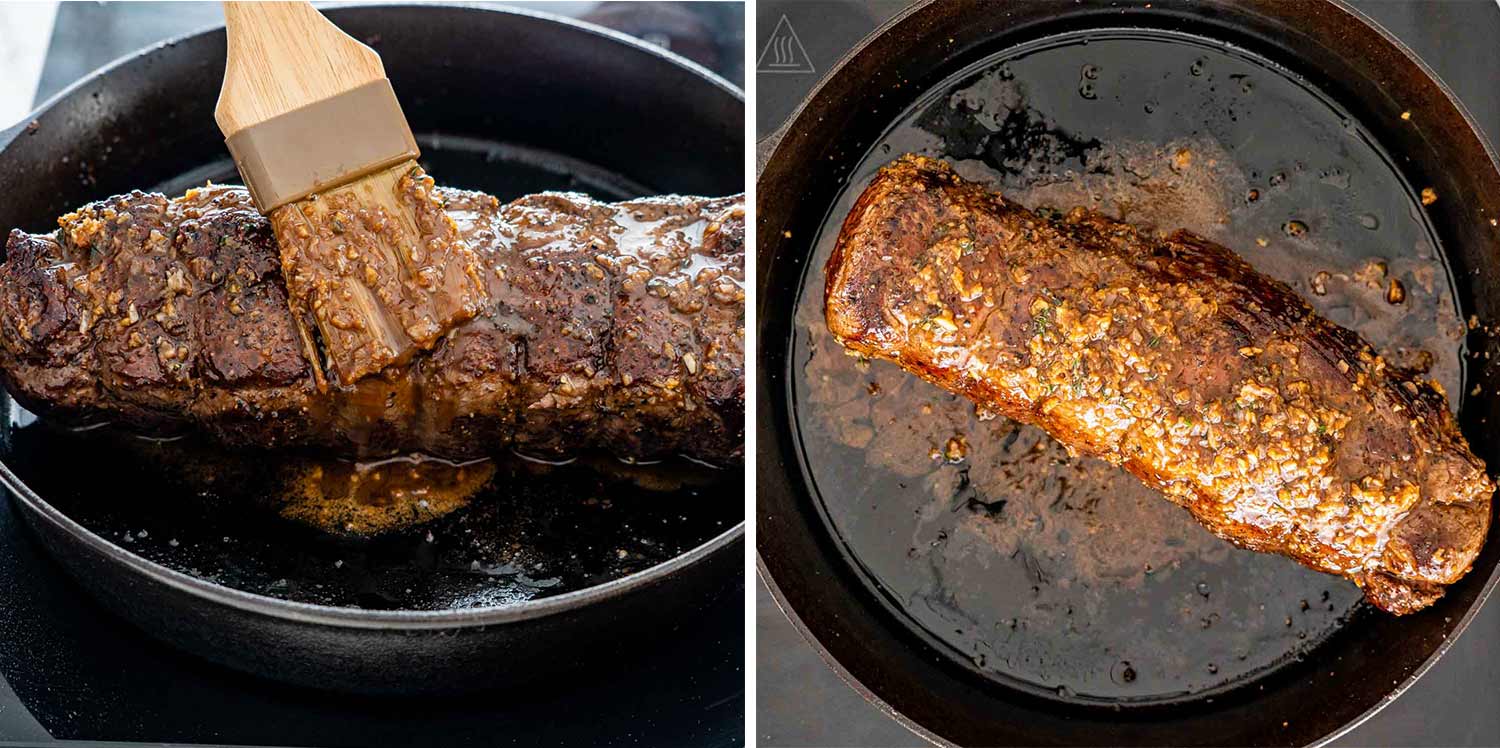 process shots showing how to glaze and roast beef tenderloin.