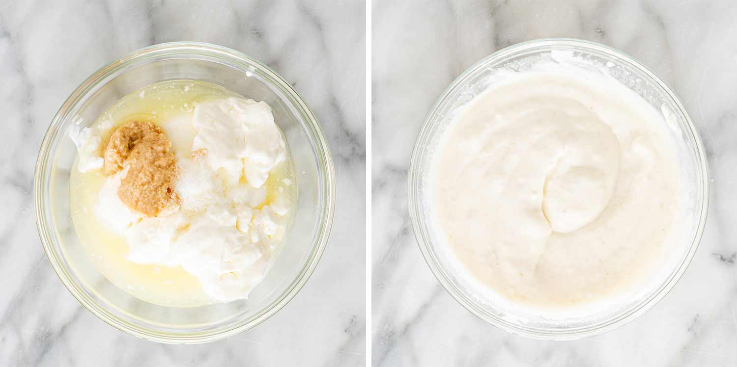 process shots showing how to make horseradish yogurt sauce for beef tenderloin.