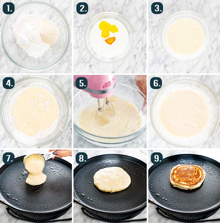 process shots showing how to make buttermilk pancakes