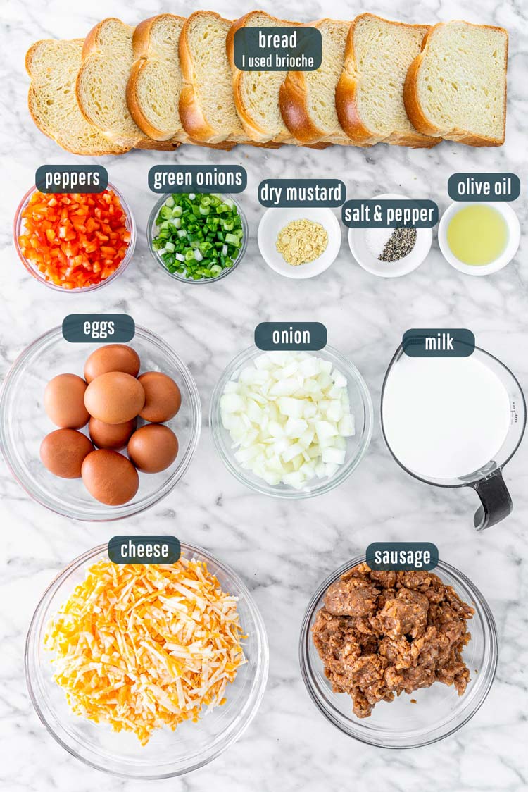 overhead shot of all the ingredients needed to make breakfast casserole