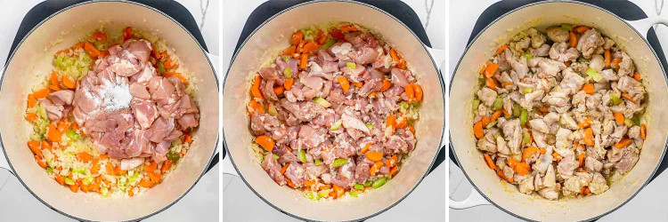 process shots showing how to make chicken pot pie pasta.