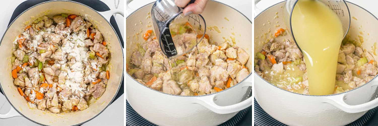 process shots showing how to make chicken pot pie pasta.