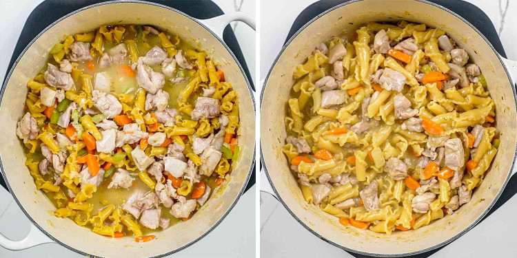 process shots showing how to make chicken pot pie pasta.