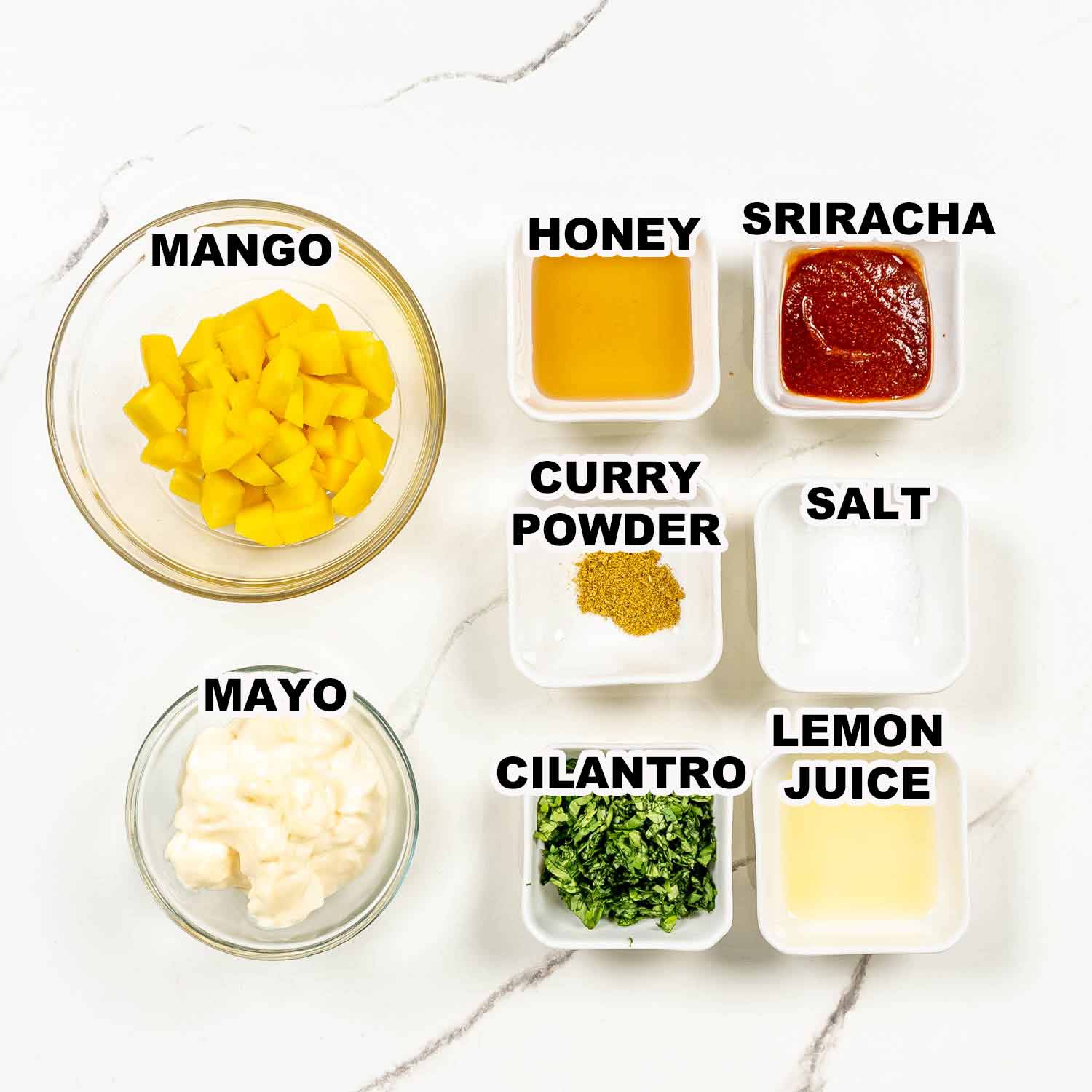 ingredients needed to make spicy mango dipping sauce.
