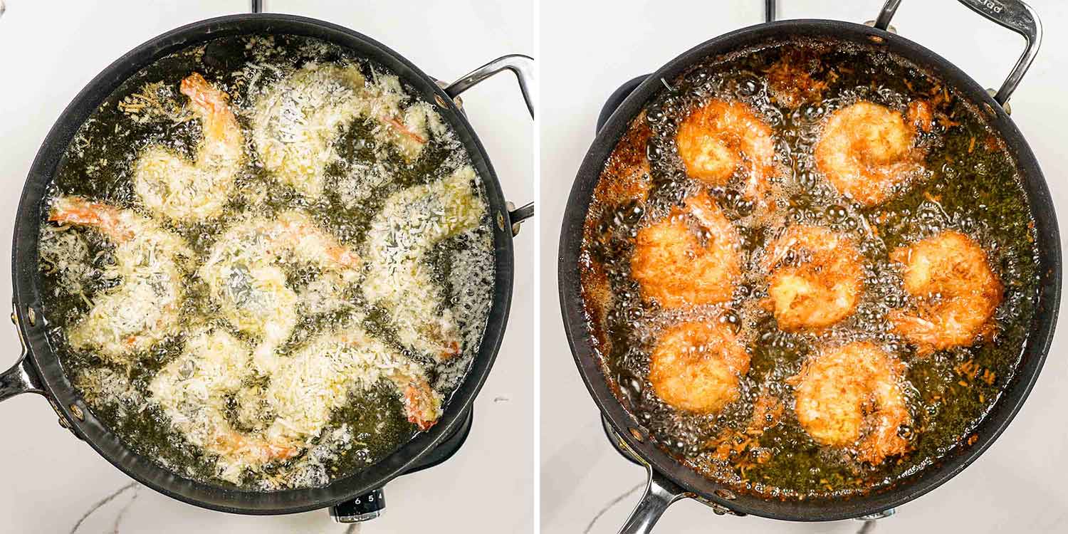 process shots showing how to make coconut shrimp with mango dipping sauce.