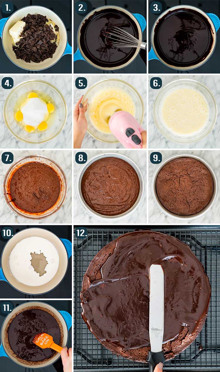 process shots showing how to make flourless chocolate cake and chocolate ganache