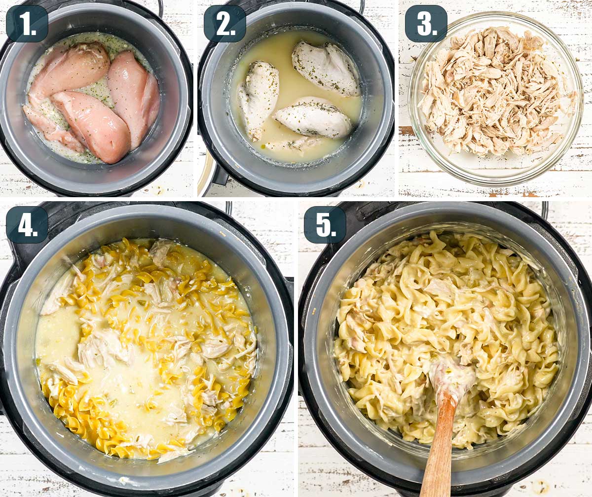 detailed process shots showing how to make creamy ranch chicken in the instant pot.