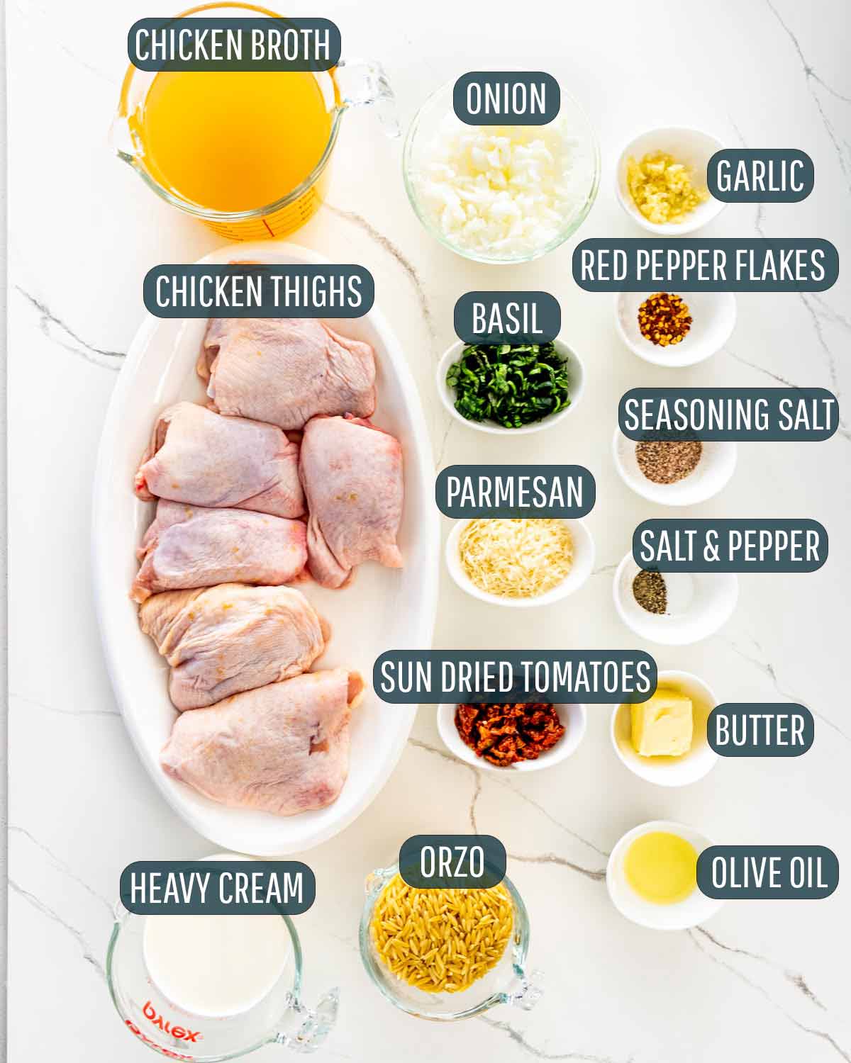 ingredients needed to make chicken and orzo in one pot.