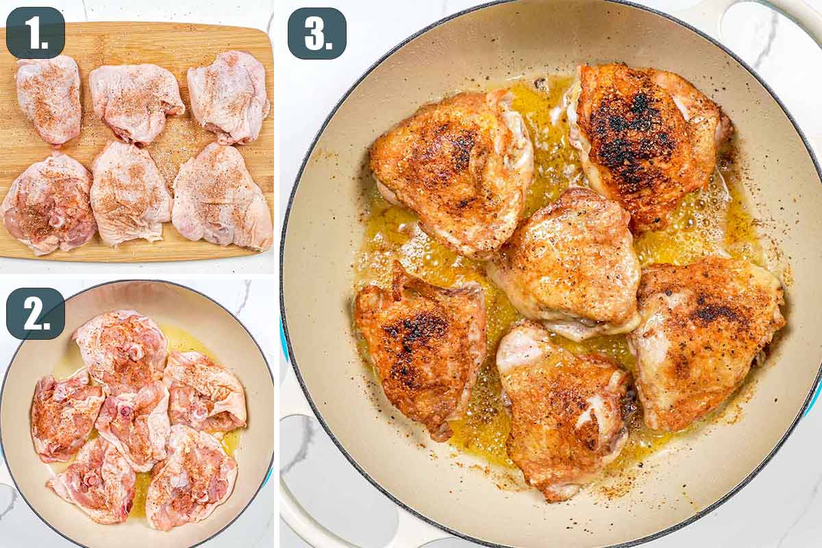 process shots showing how to fry chicken thighs.