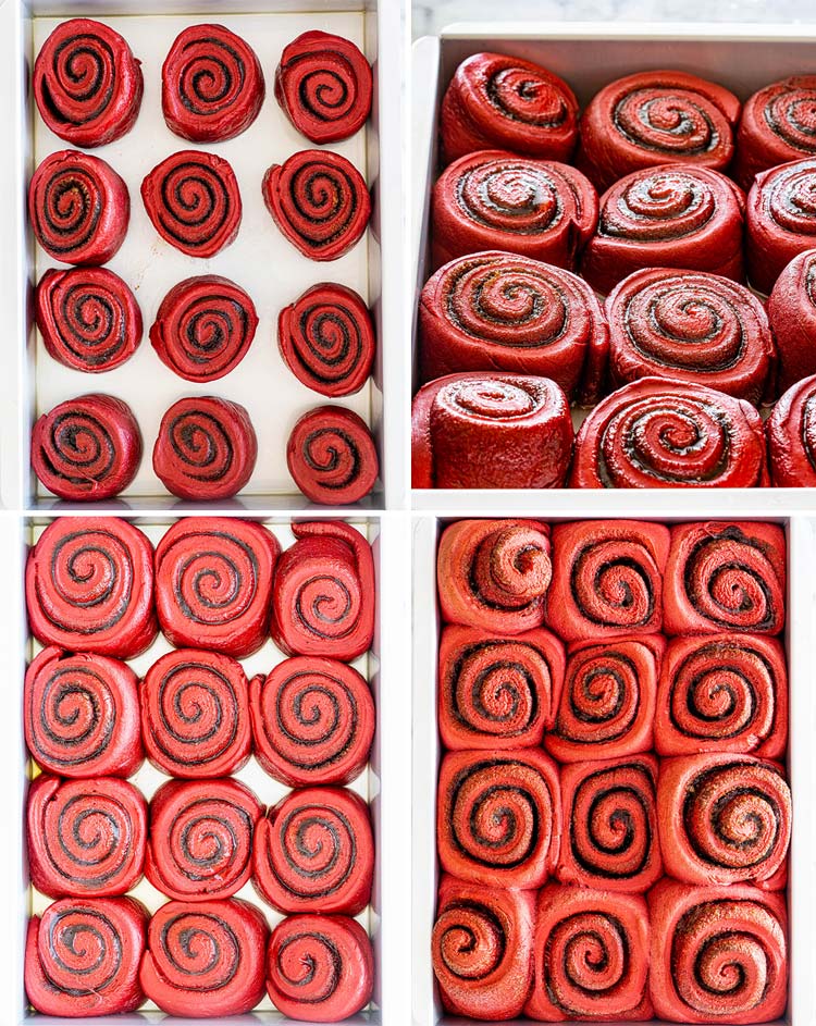 red velvet cinnamon rolls in a baking sheet before and after baking