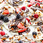 side view shot of berry chocolate yogurt bark broken into pieces