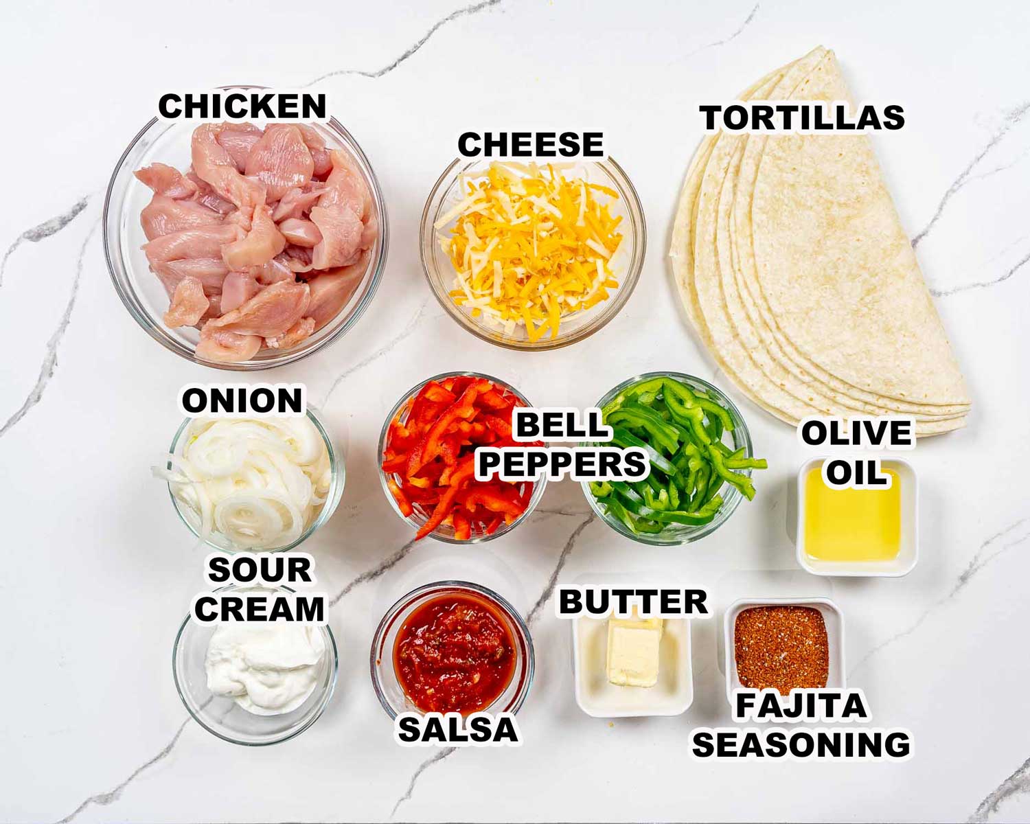 ingredients needed to make chicken fajita quesadillas.